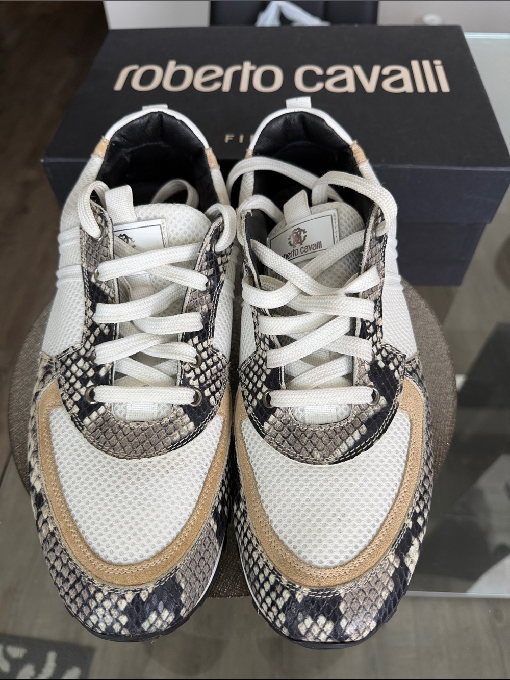 Roberto Cavalli White, Beige & Snake-Print Lace-Up Sneakers